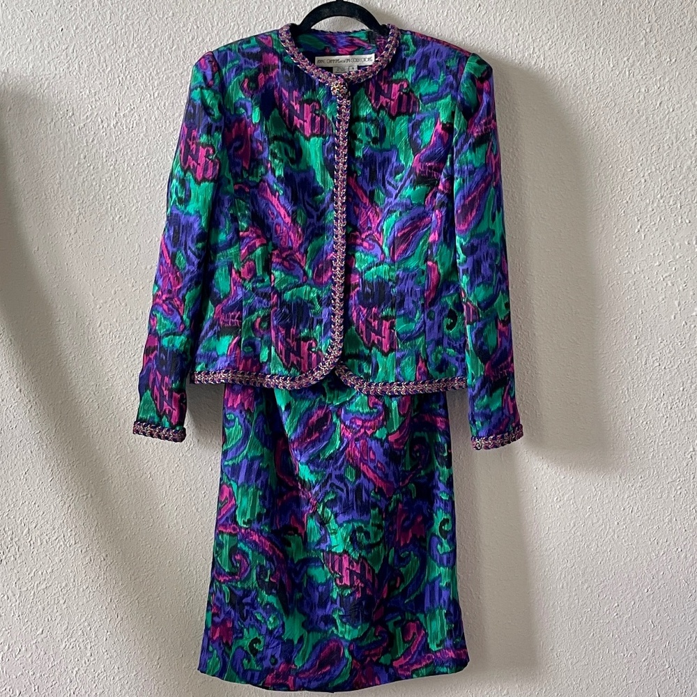 Vintage silk midi skirt set, patterned jewel tone jacket and midi skirt, size 6